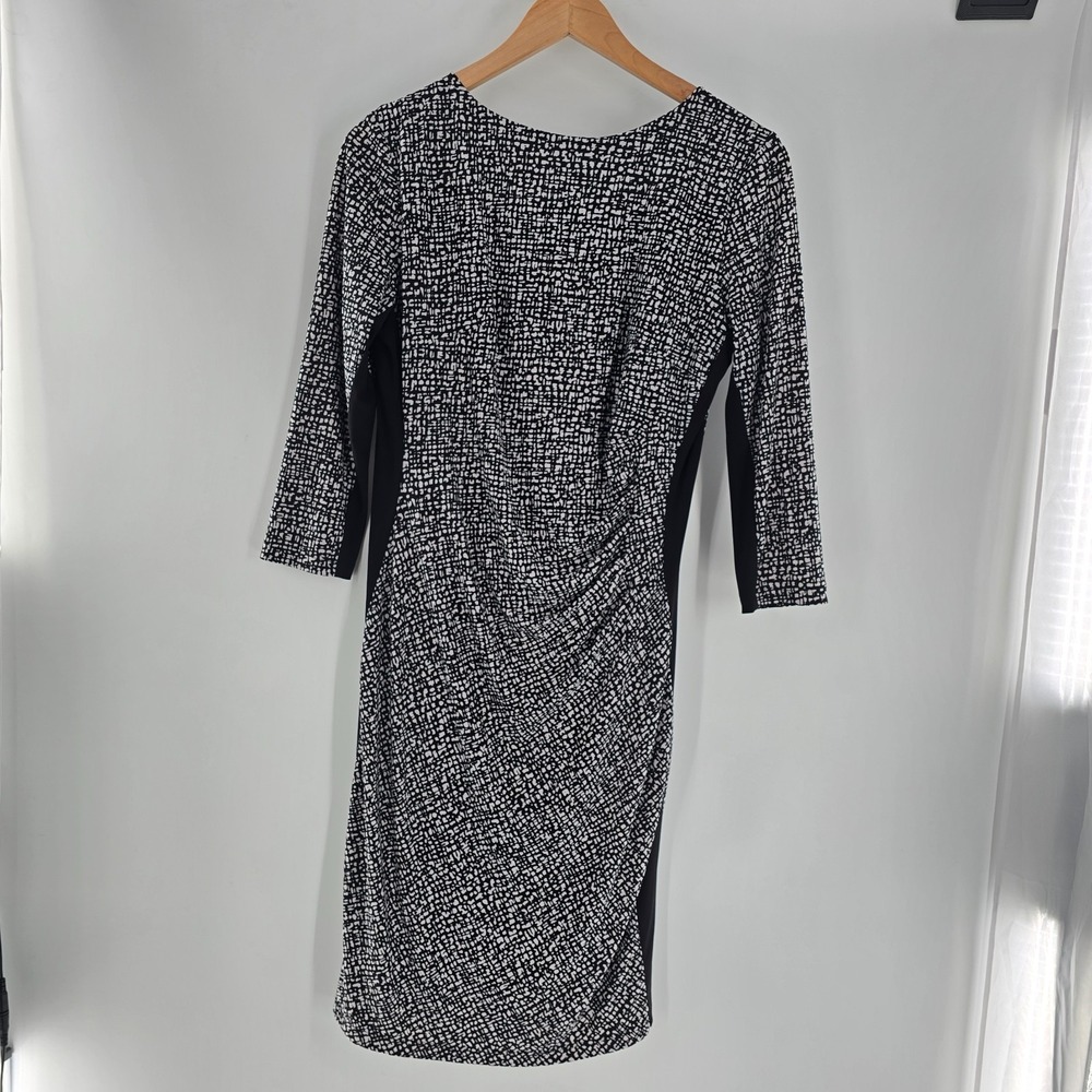 Anne Klein Dress Womens Medium Black Knit Ruched Waist Long Bodycon 3/4 Sleeves